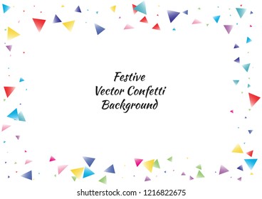 Festive color triangle confetti background. Abstract frame confetti texture for holiday, postcard, poster, website, carnival, birthday, children's parties. Cover confetti mock-up. Wedding card layout