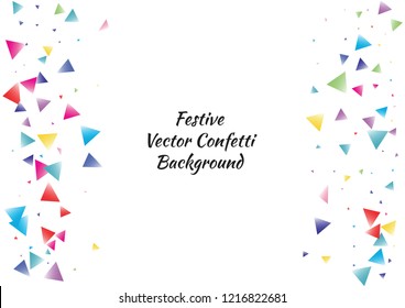 Festive color triangle confetti background. Abstract frame confetti texture for holiday, postcard, poster, website, carnival, birthday, children's parties. Cover confetti mock-up. Wedding card layout