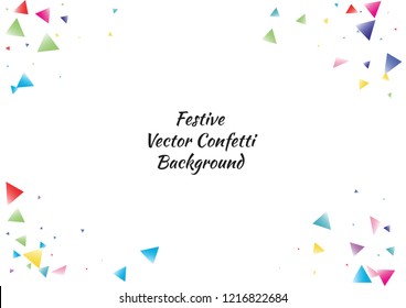 Festive color triangle confetti background. Abstract frame confetti texture for holiday, postcard, poster, website, carnival, birthday, children's parties. Cover confetti mock-up. Wedding card layout