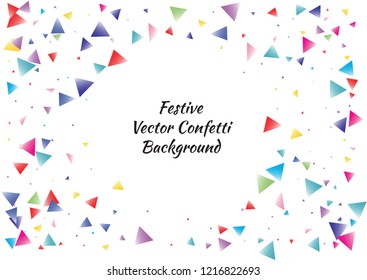 Festive color triangle confetti background. Abstract frame confetti texture for holiday, postcard, poster, website, carnival, birthday, children's parties. Cover confetti mock-up. Wedding card layout