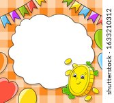 Festive color vector illustration with empty place for text. Cartoon character, balloons, garlands. Gold coin. For the design of greeting cards, birthdays, stickers. St. Patrick