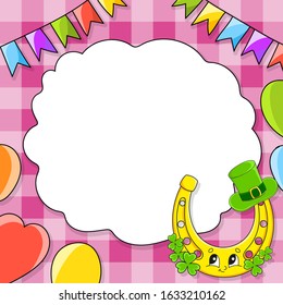Festive color vector illustration with empty place for text. Cartoon character, balloons, garlands. For the design of greeting cards, birthdays, stickers. St. Patrick's day.