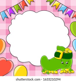 Festive color vector illustration with empty place for text. Leprechaun boot with coins. Cartoon character, balloons, garlands. For the design of greeting cards, birthdays, stickers.