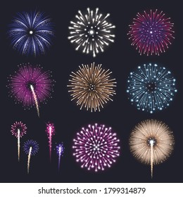 Festive colored fireworks bursting on black background realistic isolated vector illustration