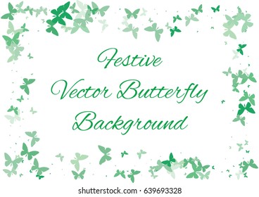 Festive colorful background with green butterflies confetti. Rectangle vector texture for holidays, postcards, posters, websites, carnivals, posters, birthday and children's parties. Cover mock-up.