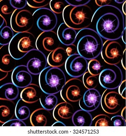 Festive colorful background with lights and flourishes.