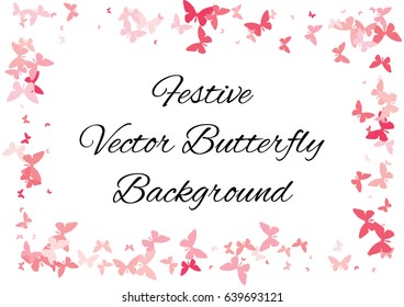 Festive colorful background with pink butterflies confetti. Vector frame texture for holidays, postcards, posters, websites, carnivals, posters, birthday and children's parties. Cover mock-up