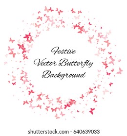 Festive colorful background with pink butterflies confetti. Round frame vector texture for holidays, postcards, posters, websites, carnivals, posters, birthday and children's parties. Cover mock-up.