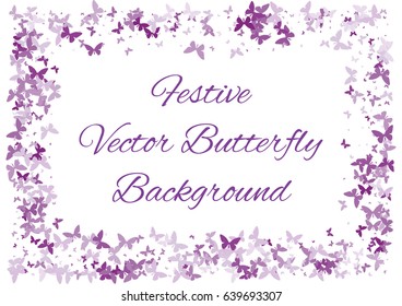 Festive colorful background with violet butterflies confetti. Rectangle vector texture for holidays, postcards, posters, websites, carnivals, posters, birthday and children's parties. Cover mock-up.