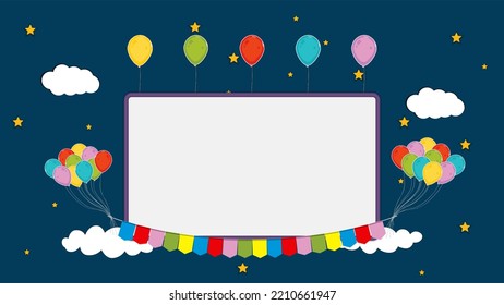 Festive colorful balloons, flags, screen, floating in the sky. Vector illustration
