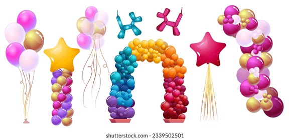 Festive colorful balloons set. Helium balls for holiday and party event, wedding ceremonies and store opening. Izometric 3d realistic rainbow decoration. Cartoon vector isolated on white background