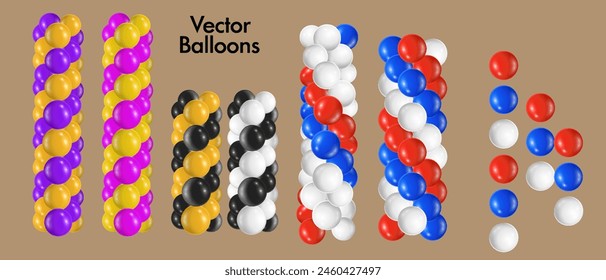 Festive colorful balloons set. Helium balls for holiday and party event, wedding ceremonies and store opening. Izometric 3d realistic rainbow decoration.