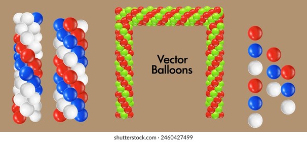 Festive colorful balloons set. Helium balls for holiday and party event, wedding ceremonies and store opening. Izometric 3d realistic rainbow decoration.