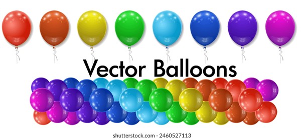 Festive colorful balloons set. Helium balls for holiday and party event, wedding ceremonies and store opening. Izometric 3d realistic rainbow decoration.