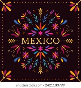 Festive colorful banner, card, invitation in Mexican Otomi embroidery style with floral and floral pattern.