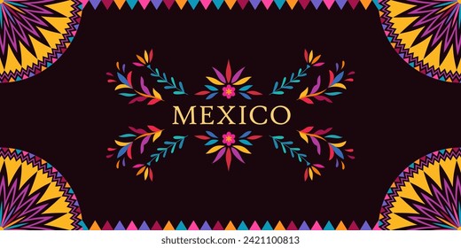 Festive colorful banner, card, invitation in Mexican Otomi embroidery style with floral and floral pattern.