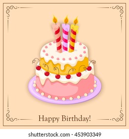 Festive colorful  birthday card  with  cake tier, candles  and cherry on the vintage background. eps10.