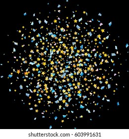 Festive colorful blue rectangle and golden stars confetti background. Vector illustration for decoration of holidays, postcards, posters, websites, carnivals, birthday and children's parties.