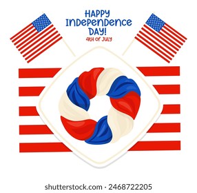 Festive colorful blue, white, red round cake with American flags. Postcard Happy Independence Day 4th of July. Vector illustration