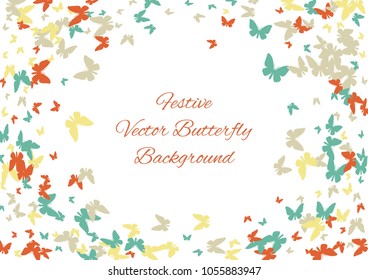 Festive colorful butterfly confetti background. Frame vector pattern texture for holiday, postcard, poster, website, carnival, banner, birthday and children's parties. Butterfly summer cover mock-up. 