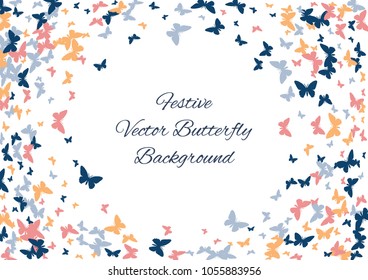 Festive colorful butterfly confetti background. Frame vector pattern texture for holiday, postcard, poster, website, carnival, banner, birthday and children's parties. Butterfly summer cover mock-up. 