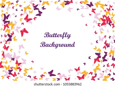 Festive colorful butterfly confetti background. Frame vector pattern texture for holiday, postcard, poster, website, carnival, banner, birthday and children's parties. Butterfly summer cover mock-up. 