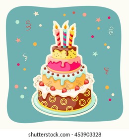 Festive colorful  card  with birthday cake tier, candle  and strawberry on the vintage background. eps10.