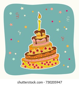 Festive colorful  card  with doodle birthday cake tier, candle  on the festive background. eps10.