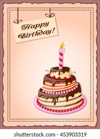 Festive colorful card with text Happy  Birthday, cake tier,  candle, cherry on the vintage background. eps10.