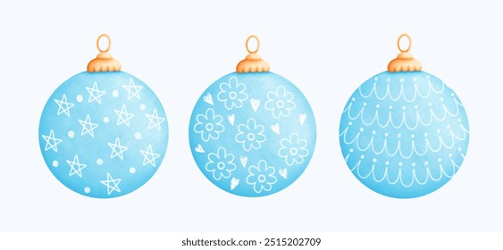 Festive and colorful Christmas ball illustrations in a hand-drawn watercolor style. These ornaments make excellent seasonal designs, adding a cute and cozy touch to any holiday project or decor.