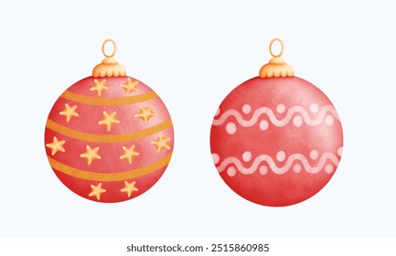 Festive and colorful Christmas ball illustrations in a hand-drawn watercolor style. These ornaments make excellent seasonal designs, adding a cute and cozy touch to any holiday project or decor.