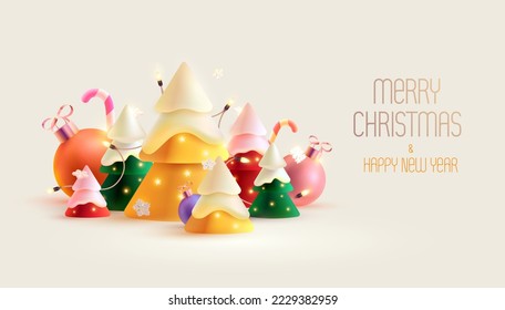 Festive colorful  Christmas forest with new year decoration. Realistic holiday illustration. 