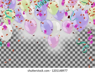 Festive colorful confetti against confetti and streamers on white background. Vector illustration.Balloons,
