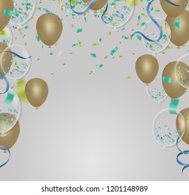 Festive colorful confetti against confetti and streamers on white background. Vector illustration.Balloons,