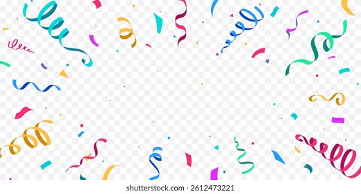 Festive colorful confetti and ribbons on transparent background, party and celebration decoration. Birthday, Holiday, New Year, Carnival festivity, confetti,
