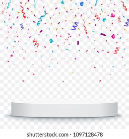 Festive colorful confetti with round podium isolated on transparent background. Vector illustration