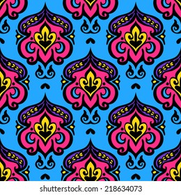 Festive colorful damask seamless vector design pattern