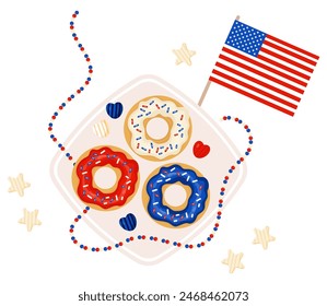 Festliche bunte Donuts auf Teller mit einer amerikanischen Flagge. Unabhängigkeitstag 4. Juli. Vektorillustration