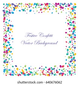 Festive colorful ellipse confetti background. Square frame vector texture for holidays, postcards, posters, websites, carnivals, birthday and children's parties. Cover mock-up.