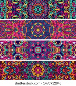 Festive colorful ethnic colorful banner bundle. Abstract geometric psychedelic  mexican art style set