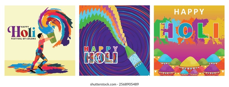 Festive colorful festival. Festival of colors in India.Colorful gulal for Holi celebrations. Holi hai concept. Set flat vector illustration.