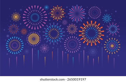 Festivo colorido fogo de artifício. Fogos de artifício de férias e faiscadores. Festa de celebração pirotecnia explosão foguete no céu escuro com brilho e estrelas. Composição de carnaval vetorial.