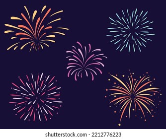 Festive Colorful Firework Salute Burst on Blue Dark Background. Fireworks display celebration vector illustration, EPS 10 