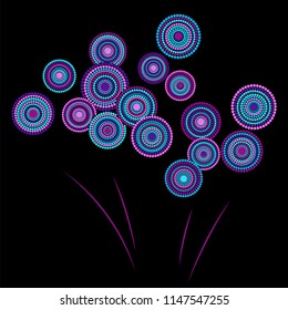 Festive colorful fireworks explosion background cartoon vector illustration. Modern 2019 New Year fireworks flat carnival graphic design. Stary cracker explosion of circle dots isolated.