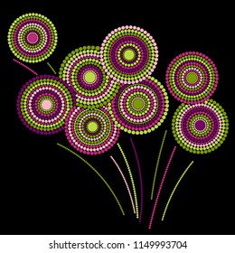 Festive colorful fireworks explosion background cartoon vector illustration. Minimal 2019 New Year fireworks flat graphic design. Stary cracker explosion of circle dots isolated.