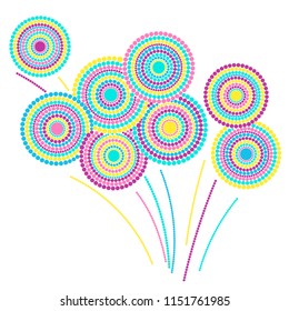 Festive colorful fireworks explosion background cartoon vector illustration. Minimalist 2019 New Year fireworks flat carnival graphic design. Stary cracker explosion of circle dots isolated.