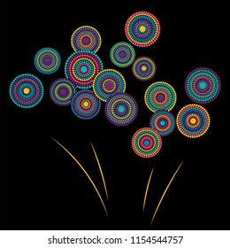 Festive colorful fireworks explosion background cartoon vector illustration. Minimal 2019 New Year fireworks flat graphic design. Stary cracker explosion of circle dots isolated.