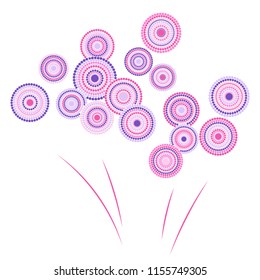 Festive colorful fireworks explosion background cartoon vector illustration. Simple 2019 New Year fireworks flat carnival graphic design. Stary cracker explosion of circle dots isolated.