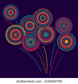 Festive colorful fireworks explosion background cartoon vector illustration. Simple 2019 New Year fireworks flat celebration graphic design. Stary cracker explosion of circle dots isolated.