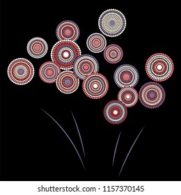 Festive colorful fireworks explosion background cartoon vector illustration. Trendy 2019 New Year fireworks flat celebration graphic design. Stary cracker explosion of circle dots isolated.